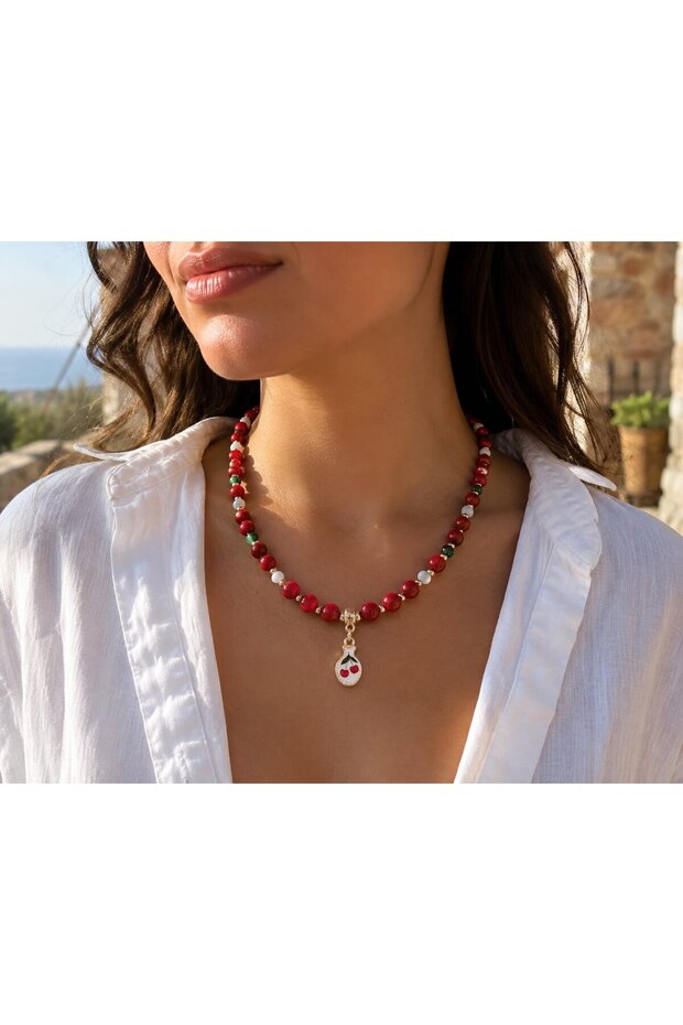 Cherry Red Glass Bead Necklace