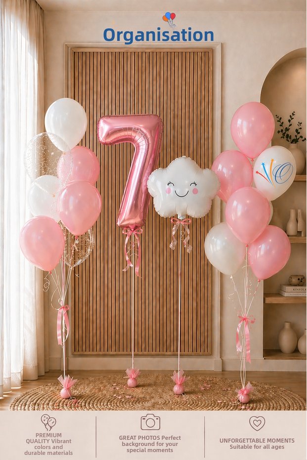7 Year Old Birthday Balloon Set |   Pink Girl Concept |   Folyo Rakam Bulut |   Birthday Special Day Decoration