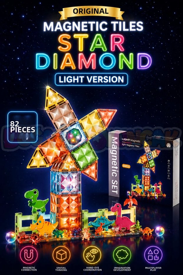 Original Magnetic Tiles Star Diamond Light Version 82 Pieces Light-Up Magnetic Lego - Magnet Lego L