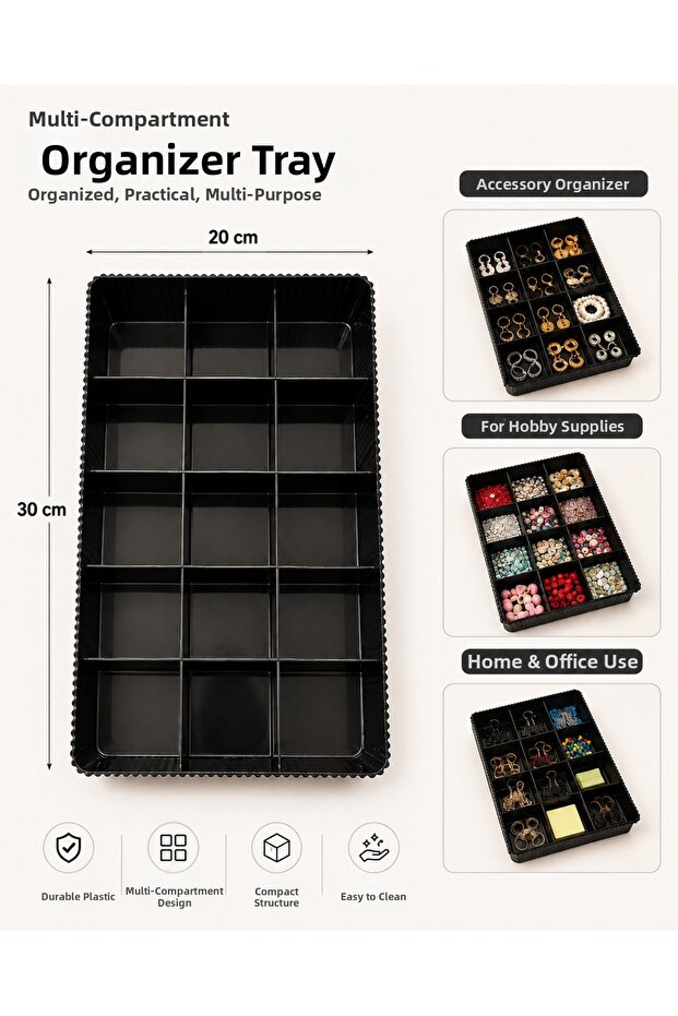 Black 15-Compartment Organizer Tray 20X30 cm