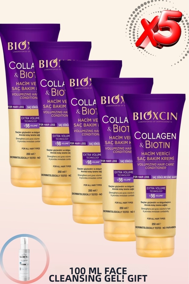 Collagen & Biotin Volumizing Hair Care Cream 250 ml (5 Pieces) Thin and Volume-Less Hair + 100 ml Gel Gift