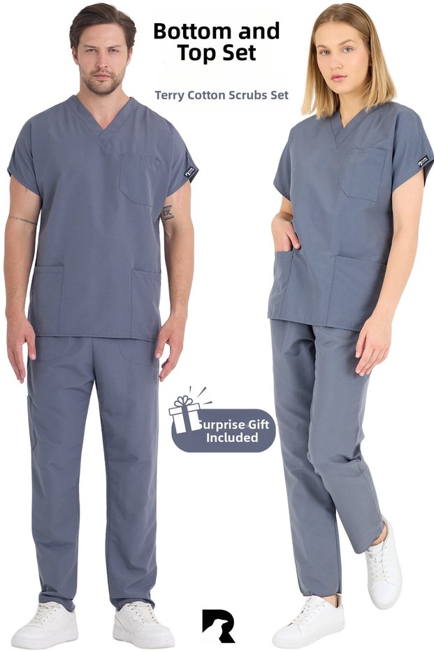 Gray Suit Terry Cotton Unisex Medical Nurse and Doctor Uniform Scrubs Surgical Clothing Suit