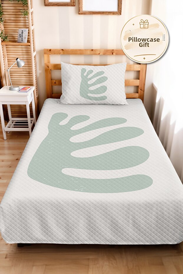 Minimal Leaf Green Young Room Single Pique Set - Modern 160X220 cm Quilted Bedspread