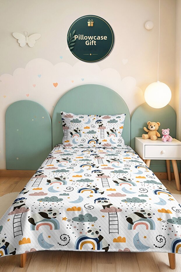Maceracı Panda Boy's Room Single Pique Set - 160X220 cm Quilted Bedspread with Teddy Bear