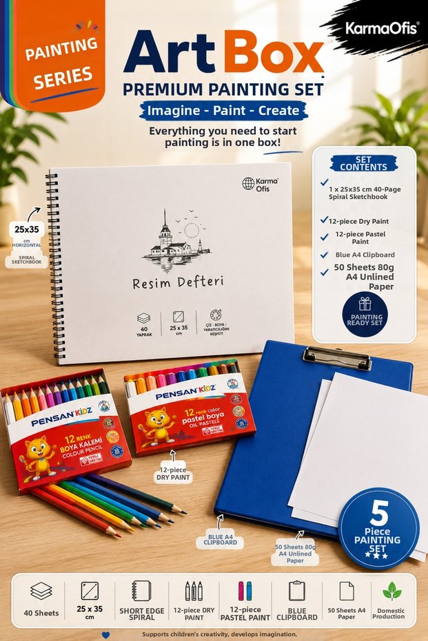 Painting Set | 25X35 cm Spiral Drawing Notebook, 12 Dry Paints, 12 Pastel Paints, A4 Blue Secretarial Set and 50 Sheets of Unlined Paper