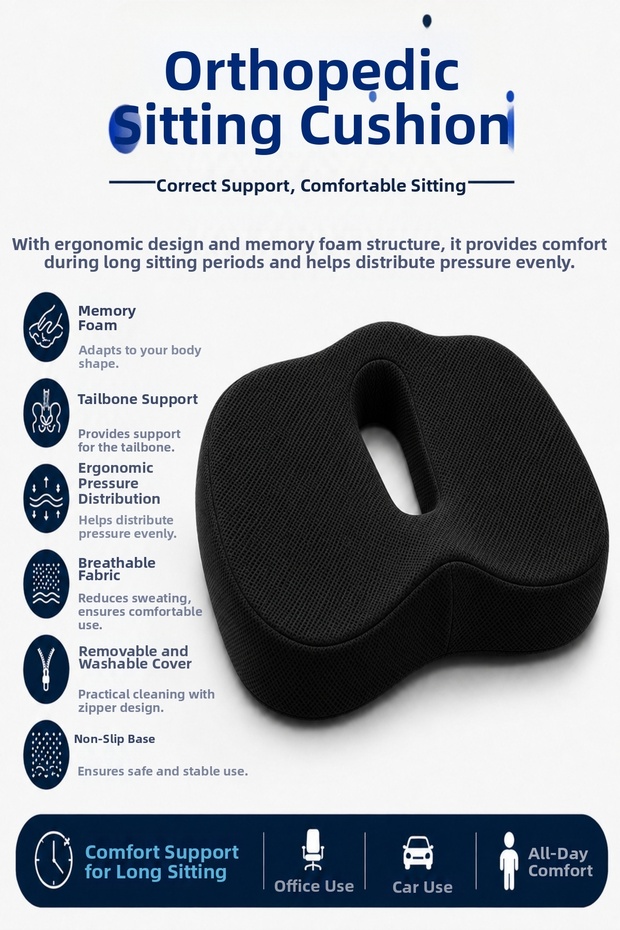 Orthopedic Sitting Cushion – Tailbone Support Cushion Ergonomic Office and Car Seat Cushion for Long-Sitting Sessions Visco Cushion