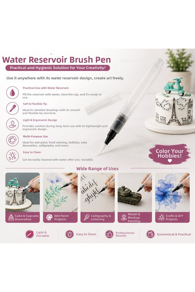 Brush Pen with Water Reservoir – Multi-Purpose Brush for Cake Decorating, Watercolor, Calligraphy, and Hobby Painting