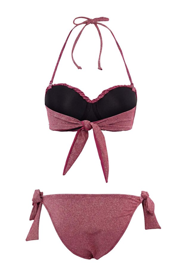 Bordo Simli Drapeli Straplez Kaplı Regular Normal Bel Bikini Takımı TBESS25BT00097 - 5