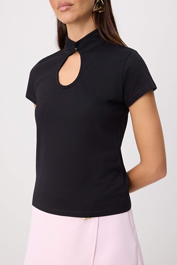 Siyah Regular/Normal Kalıp Pencere Detaylı Tok %100 Pamuk Örme Bluz TWOSS26BZ00381 - 3