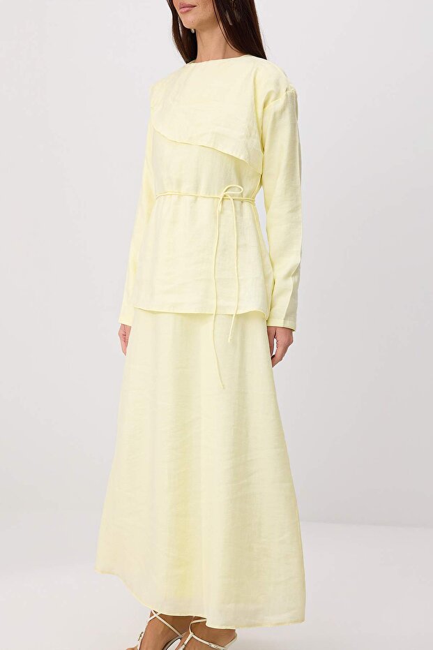 Pastel Sarı More Sustainable Modal Kumaş Takım Görünümlü Dokuma Tesettür Elbise TCTSS26EB00031 - 3
