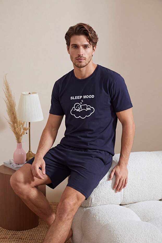 Lacivert Regular Kesim Yazı Baskılı Pamuklu Pijama Takımı TMNSS26PT00024 - 2