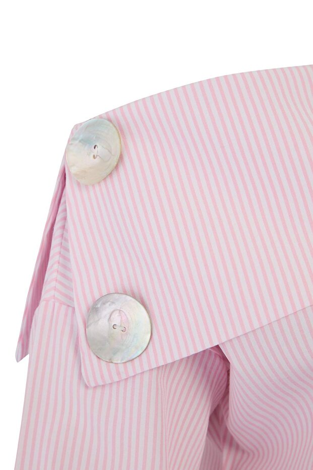 Pembe Çizgili Asimetrik Yaka Dokuma Bluz TBBSS26AF00197 - 6
