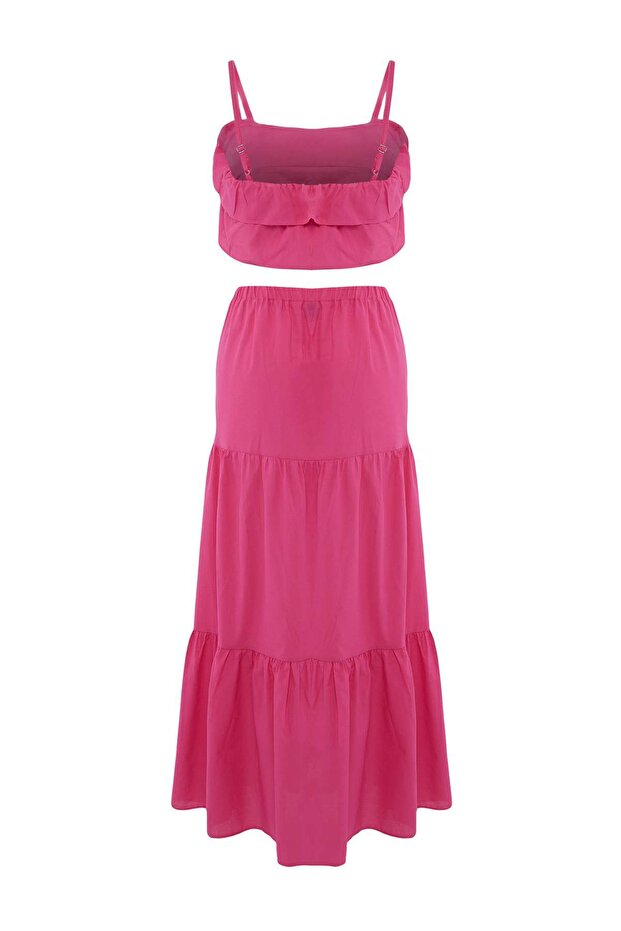 Fuşya Dokuma Fırfır Detaylı Maxi Boy Crop 100% Pamuk Plaj Bluz Etek Takım TBESS26AU00010 - 6