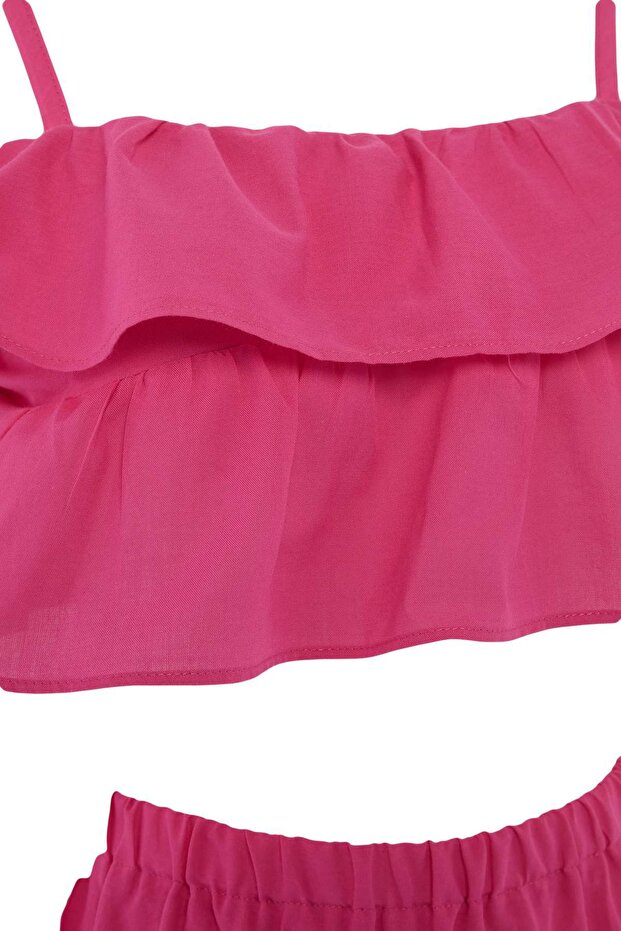 Fuşya Dokuma Fırfır Detaylı Maxi Boy Crop 100% Pamuk Plaj Bluz Etek Takım TBESS26AU00010 - 5