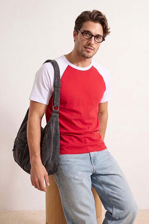 Kırmızı-Beyaz Düşük Omuz Regular Renk Bloklu %100 Pamuk T-Shirt TMNSS26TS00079 - 5