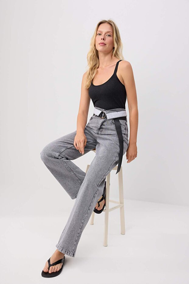 Siyah Bel Detaylı Yüksek Bel Wide Leg Jeans TWOSS26JE00363 - 2
