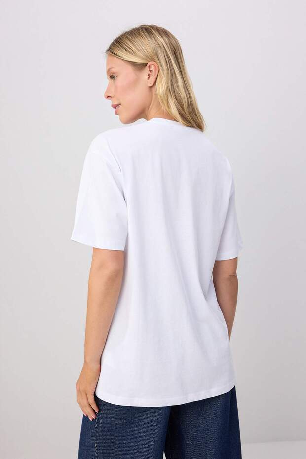Beyaz %100 Pamuk Istakoz Baskılı Bisiklet Yaka Oversize Örme T-Shirt TWOSS26TS00351 - 4