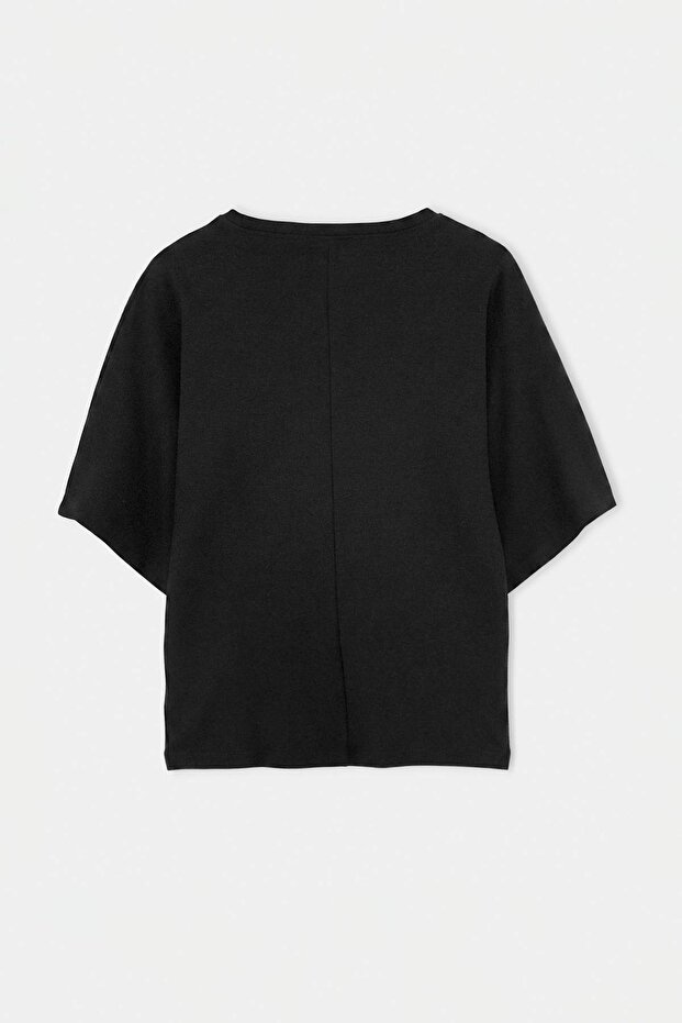 Siyah Oversize/Geniş Kalıp Düşük Kol Kısa Kollu Soft Touch Örme T-shirt TWOSS26TS00221 - 7