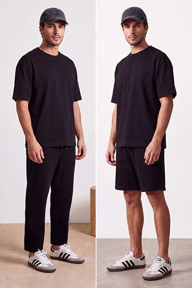Siyah 3'lü Regular/Normal Kesim T-Shirt, Eşofman Altı, Şort Eşofman Takımı TMNSS25EM00001 - 1