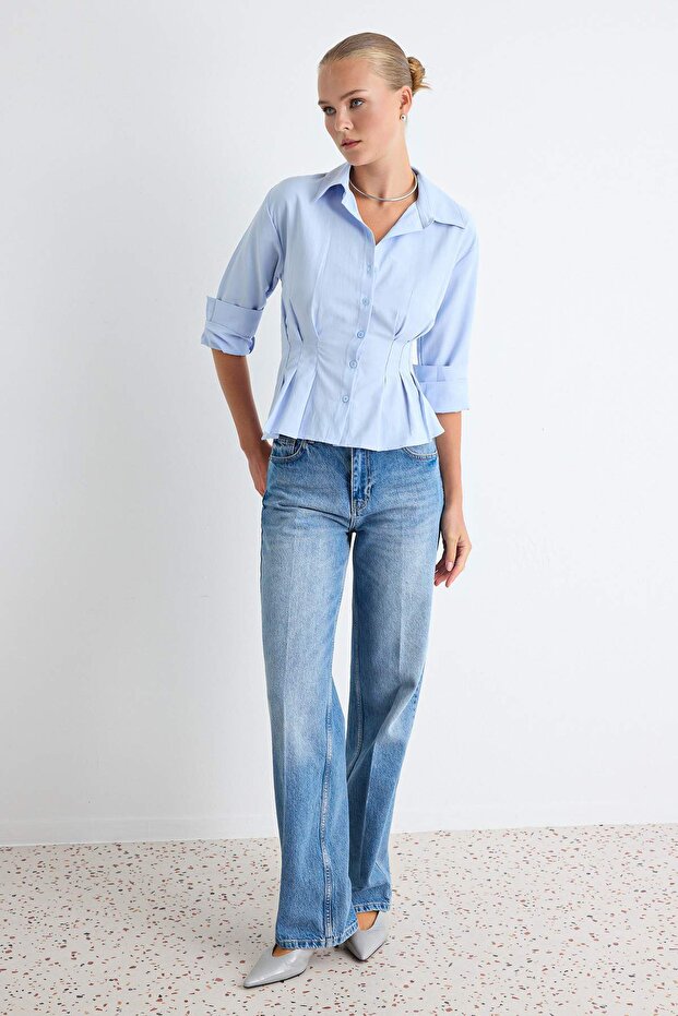 Açık Mavi Fitted/Bele Oturan Dokuma Gömlek TWOAW24GO00186 - 2