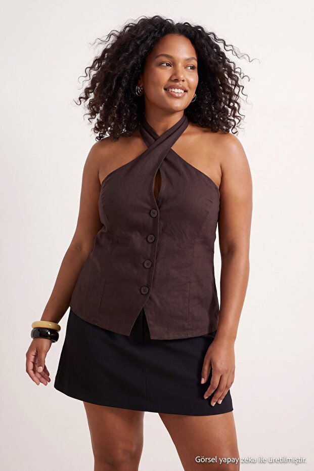 Brown Halter Neck Plus Size Woven Vest Tbbss26Bh00020