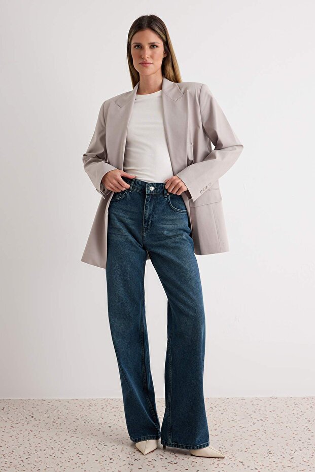 Koyu Mavi Soluk Efekt Vintage Yüksek Bel Wide Leg Geniş Paça %100 Pamuk Jeans TWOSS24JE00080 - 1