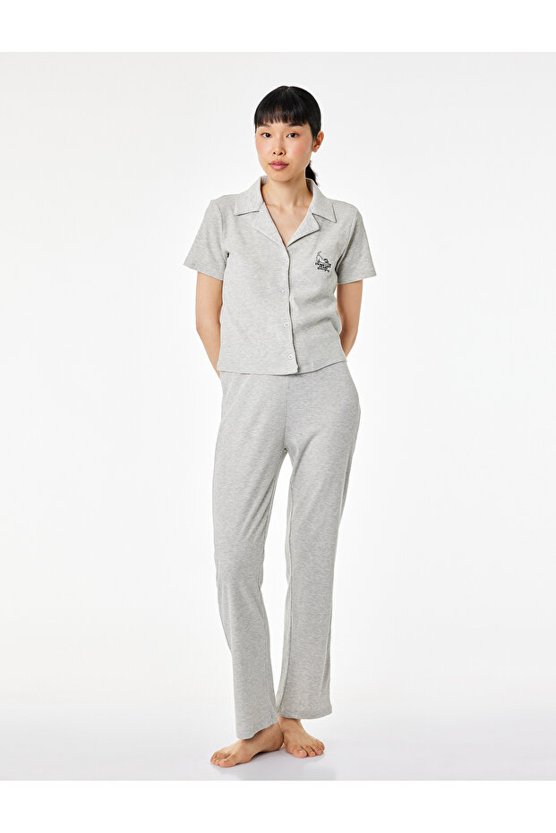 Comfortable Fit Shirt Collar Cat Embroidery Detailed Short Sleeve F Corded Fabric Pajama Set