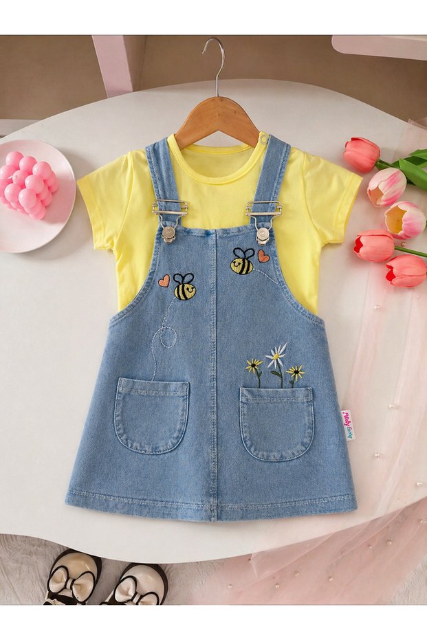 My Little One's Baby Girl 2-Piece Jile Set with Embroidered Bee and Pocket Detail - Yellow
