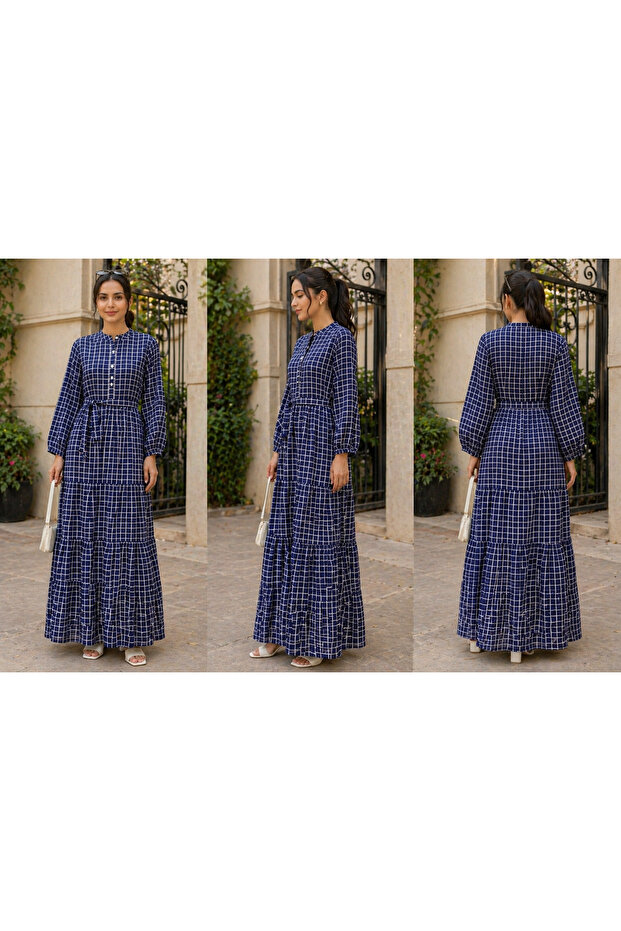 Navy Blue Grid Print Tiered Casual Dress