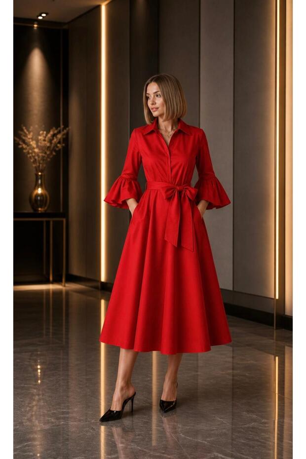 Midi Length Stylish Event Dress with Ruffle Detail on the Sleeve Cou-33