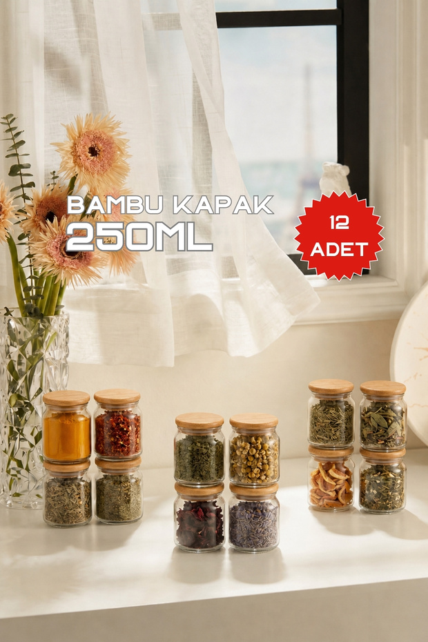 12-Piece Glass Jars with Bamboo Lids 0.25 L (250 ml) – Spice Jar/Dry Food Storage Jar, Airtight