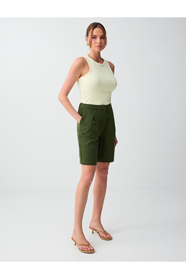 Khaki Linen Blend Straight Cut High Waist Woven Shorts