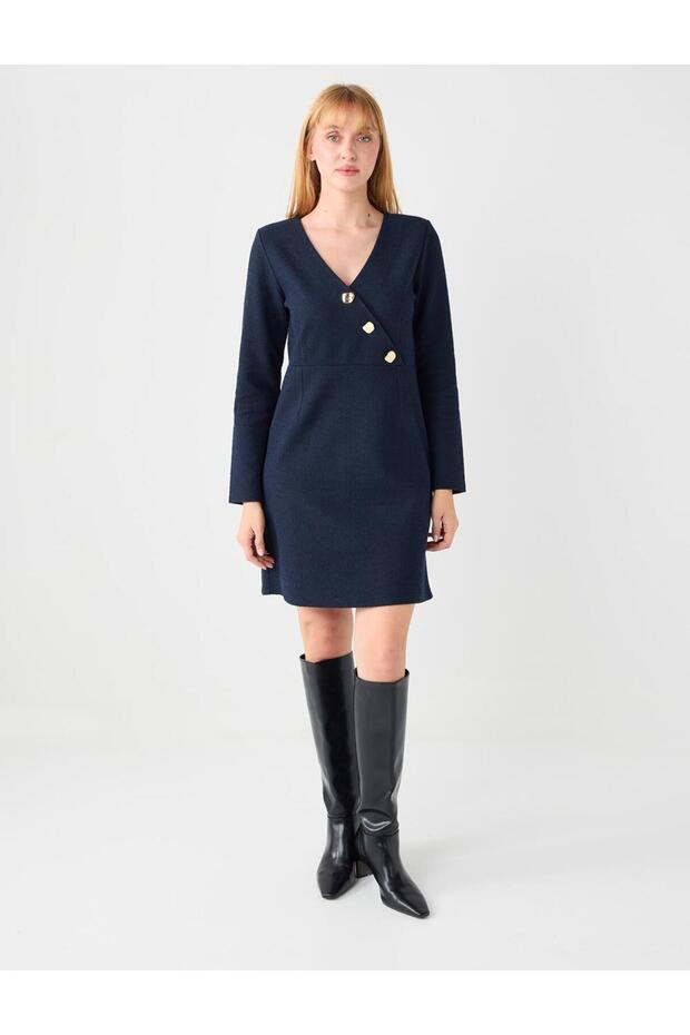Navy Blue Double-Breasted Collar Shoulder Pad Piece Long Sleeve Knitted Mini Dress