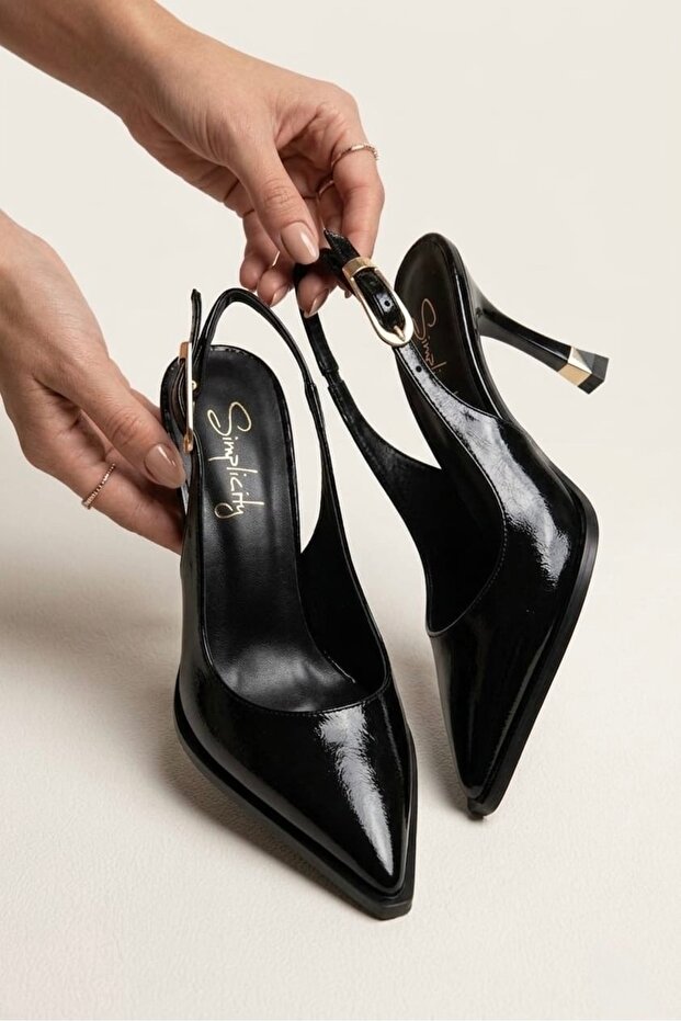 Black Patent Leather Pointed Toe Thick Sole Open Back with Gold Detail Heeled Shoes - Stiletto