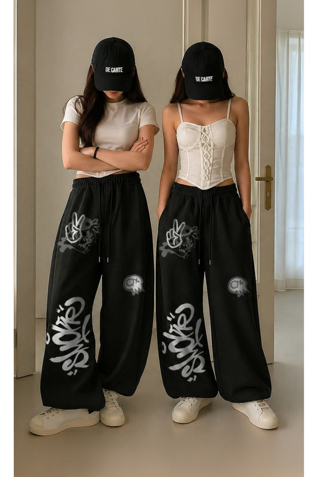 2Li Grafiti Smk Axolotl Printed Oversize Loose Fit Black+Black Women's Sweatpants