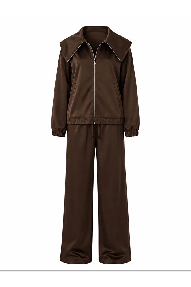 Wide Collar Zippered Satin Suit