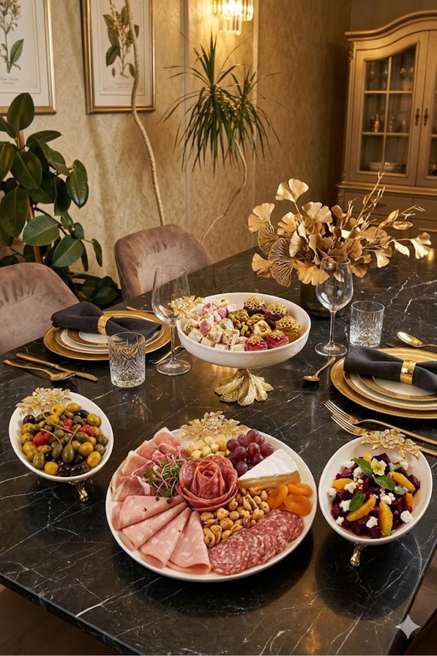 4 Piece Bronze Gold Porcelain Tableware Presentation Serving Set & Dinner Plate Salad Bowl Oval Appetizer Plate