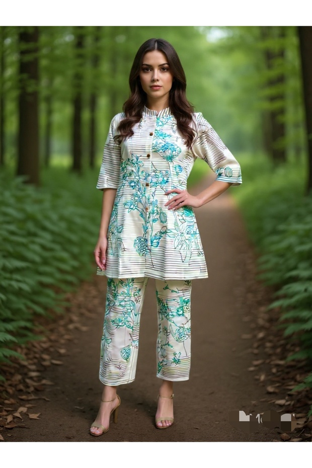 Women’s Traditional Ethnic Co-Ord Set, Jute Cotton Kurta Top & Straight Pant Set