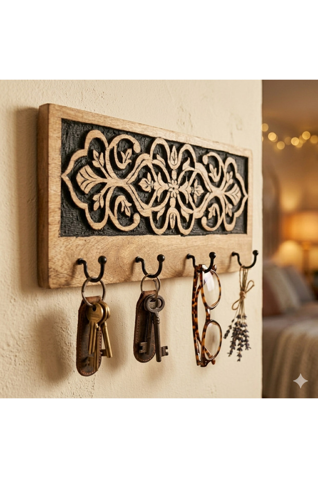 Key Holder for Wall – Hand-Carved Decorative Wooden Key Hanger with 4 Hooks | Key Hanger for Wall Entryway | Key Organizer | Arabic Floral Wall Art | Rustic Black Ebony | No Drilling
