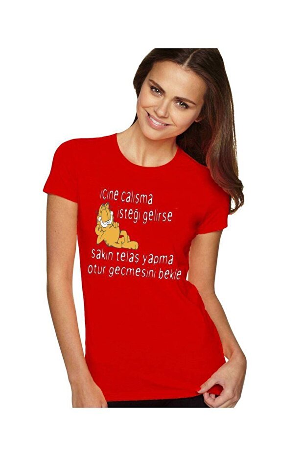Funny Cat Printed Slim Fit Women Red T-Shirt