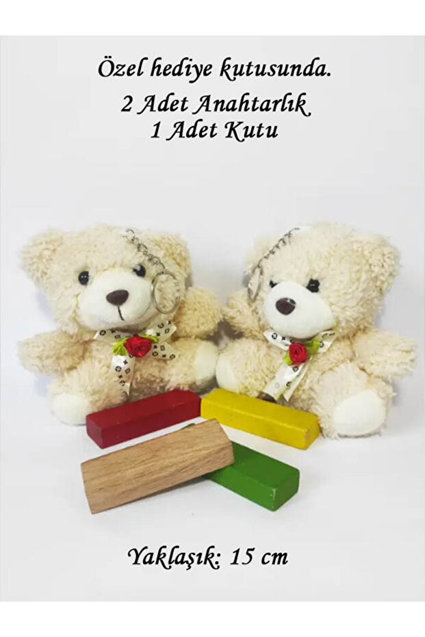 2 Pieces Ecru Plush Toy Chubby Rose Teddy Bear Keychain with Kraft Box -15 Cm- Bag Ornament - Birthday Gift