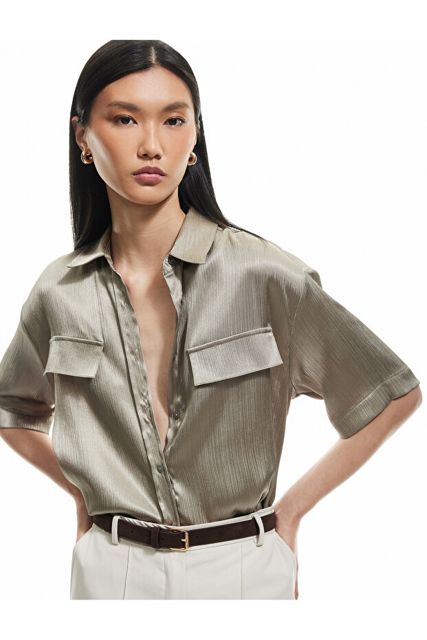 Short Sleeve Satin Shirt with Flap Pocket Detail