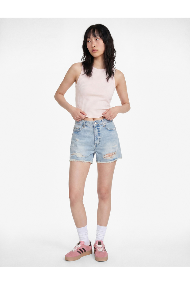 Cotton Comfortable Fit Mini Denim Shorts with Frayed Detail