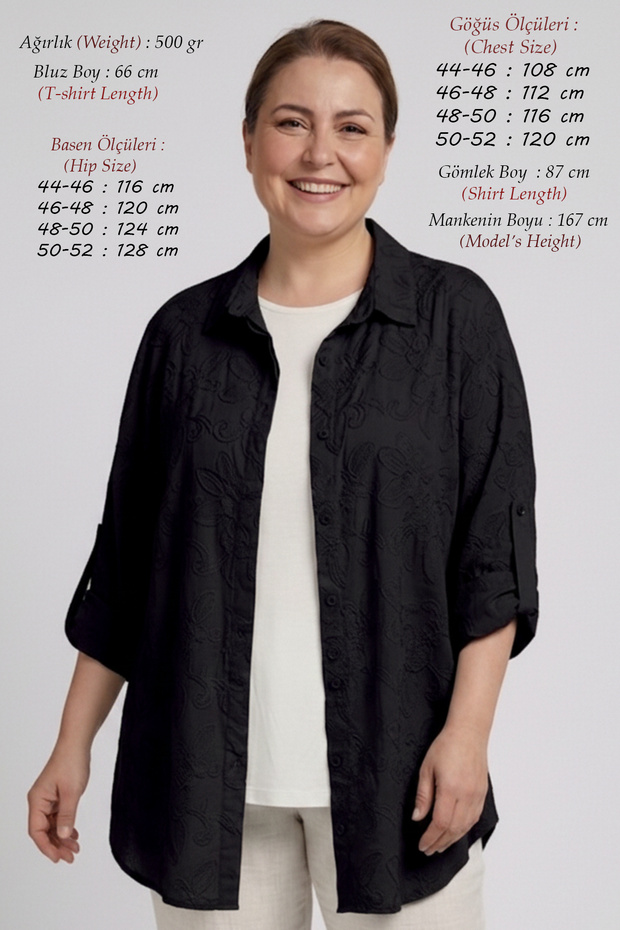 Women's Plus Size Summer 95% Viscose Long Sleeve Shirt and 100% Cotton Half Sleeve T-Shirt Two-Piece Mom Set - Embossed Pattern Anti-Sweat Premium High Quality