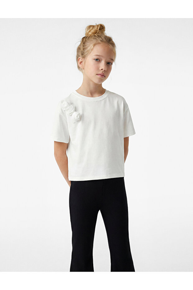 Floral Appliqué Cotton Short Sleeve Crew Neck T-Shirt
