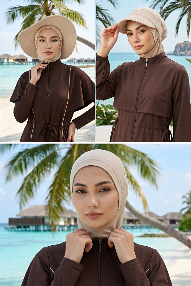 3-Piece Set of Hijab, Visor and Hat Is Hijab-Friendly (Sea, Pool) Swimming Cap, St-1Sn, St-1Sn, Beige