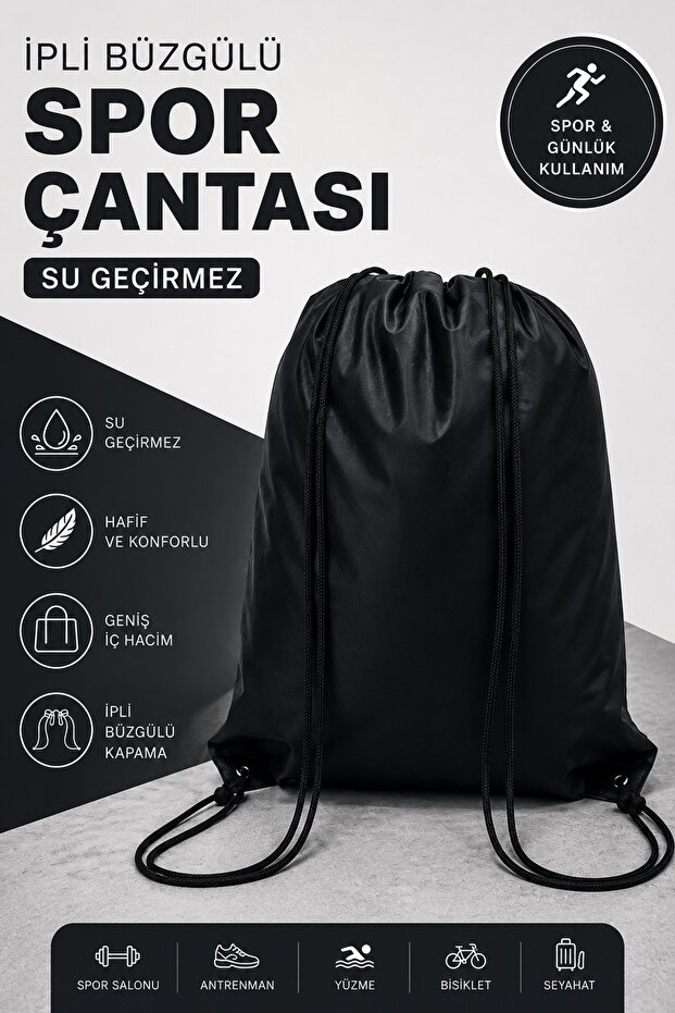 Ferzin Su Geçirmez İpli Büzgülü Profesyonel Spor Çantası - Gym, Fitness ve Antrenman Sırt Çantası - Siyah