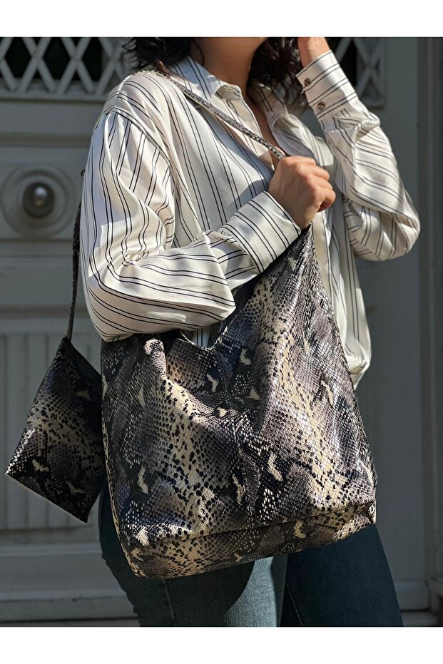 Norwich Genuine Leather Hobo Shoulder & Hand Bag Lined (Anakonda Print) 40X27Cm