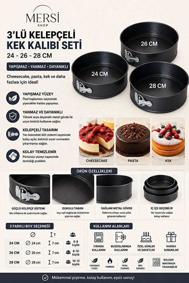 3-Piece Cake Mold Set with Clamps 24-26-28 cm | Non-Stick Fireproof Metal Cheesecake and Pie Pan