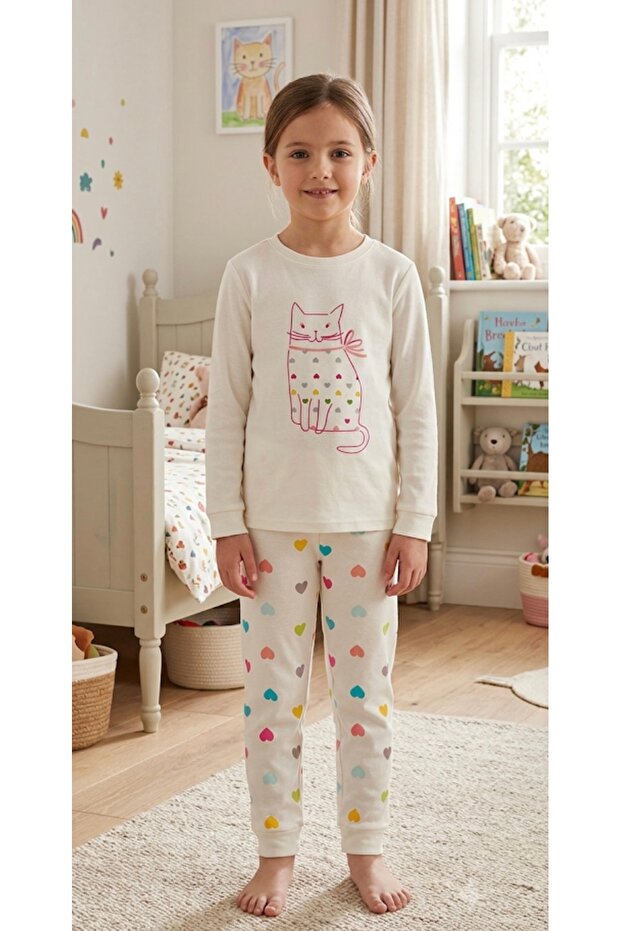 Girl's Long Sleeve 100% Cotton Cat Patterned Heart White Pajama Set